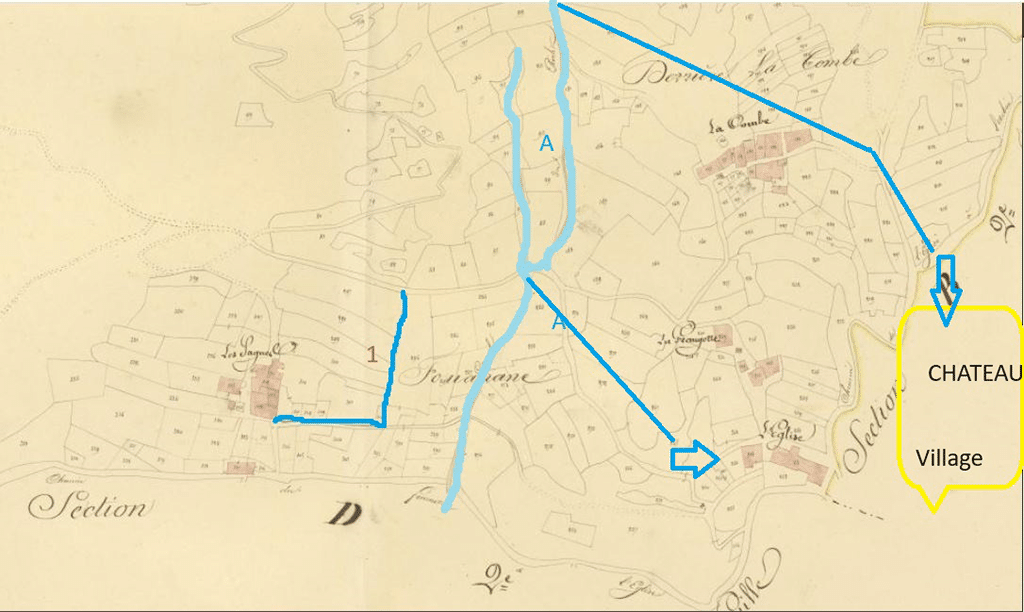 RÉOTIER SITE PRIMITIF (Cadastre Napoléonien 1833) : A : Le Rialet abondé par le canal du Serre et canaux vers le château et l’église. 1 : source et canal de Fouanane.